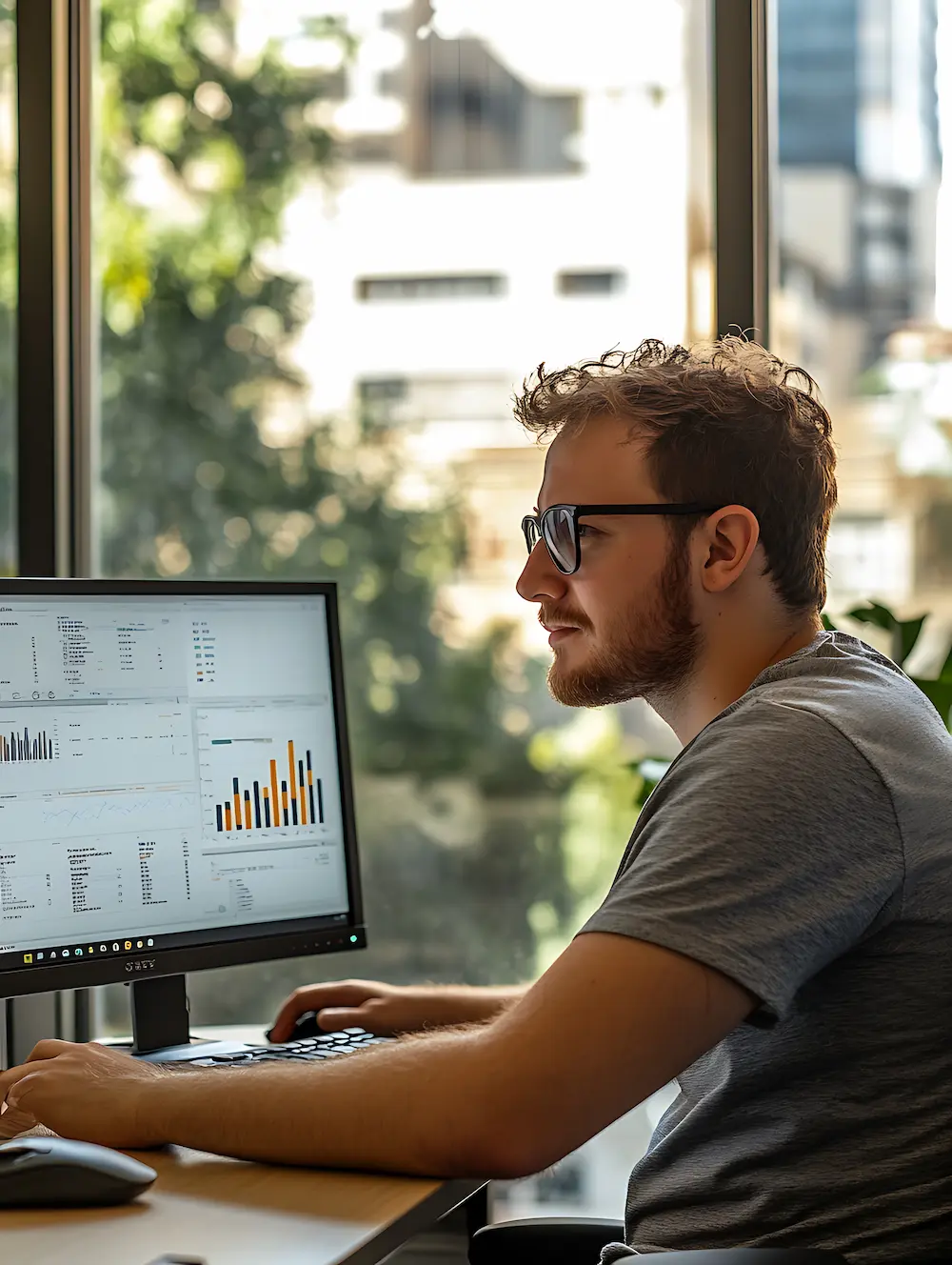 Un marketer professionista e qualificato analizza con successo i dati delle performance commerciali all'interno di un ufficio moderno e luminoso.