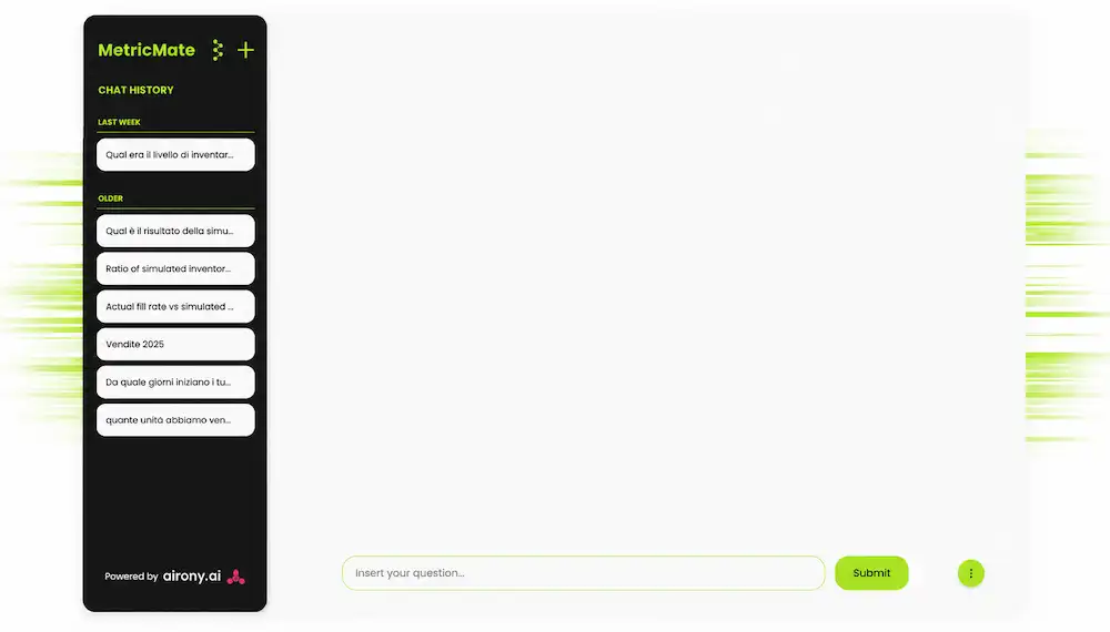 Schermata di dettaglio dell'interfaccia di MetricMate che mostra un flusso di chat procedurale con risposte sequenziali sui dati aziendali.