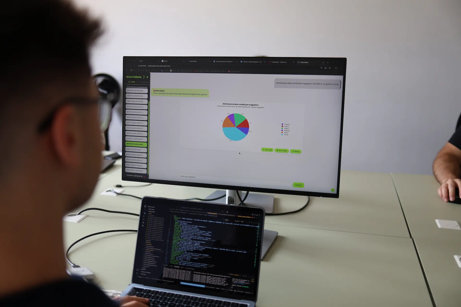 Monitor da ufficio che mostra un grafico a torta generato dalla piattaforma BI MetricMate e laptop in primo piano con linee di codice per l'integrazione dati.